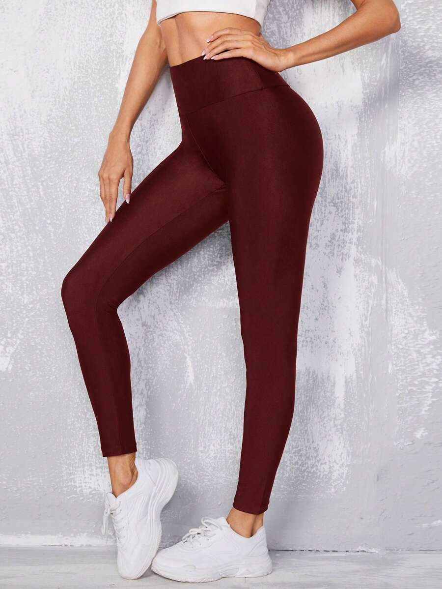 EURMUSE Wide Waistband Solid Leggings - Redwood - View 1