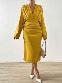 SHEIN Privé Vestido unicolor fruncido delantero de manga murciélago - Amarillo - Ver 4