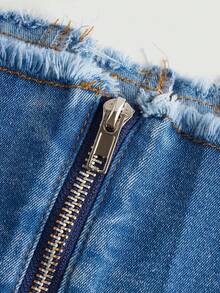 Teen Girl Flap Detail Frayed Trim Denim Top - Medium Wash - View 4