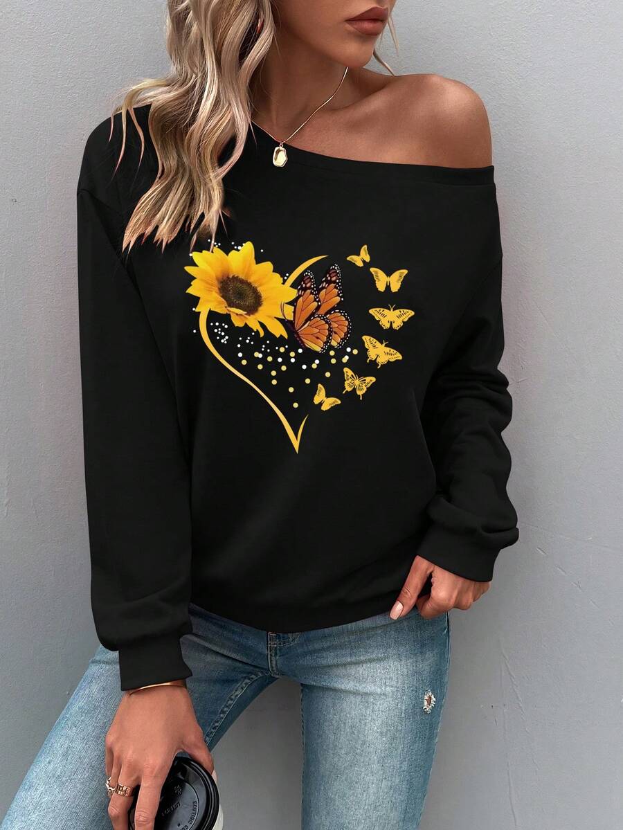 INAWLY Butterfly & Sunflower Print Drop Shoulder Sweatshirt - Black - View 1