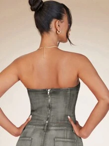 SHEIN BAE Solid Bustier Tube Denim Top - Army Green - View 2