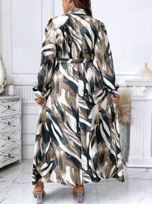 Celure Plus Allover Print Belted Shirt Dress Women Outfit Fall Cloth For Women