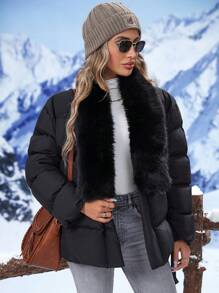 SHEIN LUNE Fuzzy Trim Belted Padded Padded Coat Clothes Winter - Black - View 5