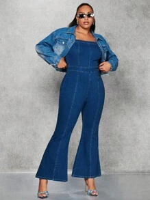 SHEIN BAE 大碼喇叭牛仔吊帶連體褲 - 藍色 - 查看 3