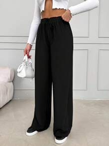 EURMUSE Solid Drawstring Waist Wide Leg Pants - Black - View 5