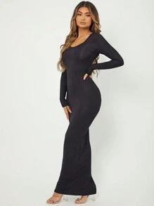 EURMUSE Solid Long Sleeve Bodycon Dress - Black - View 3
