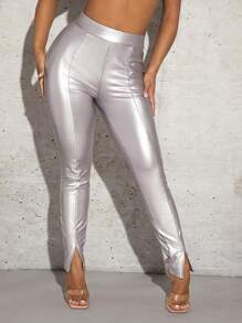 SHEIN SXY Solid Metallic silver Leggings New years eve outfit 
Party outfit 
Sexy outfit
sexy outfits club - Silver - View 4