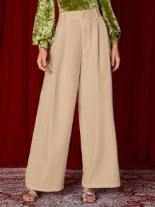 SHEIN Privé Solid Wide Leg Pants - Khaki - View 1
