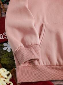 SHEIN EZwear 加大码圣诞印花袋鼠口袋抽绳保暖内衬卫衣 - 淺粉色 - 查看 5