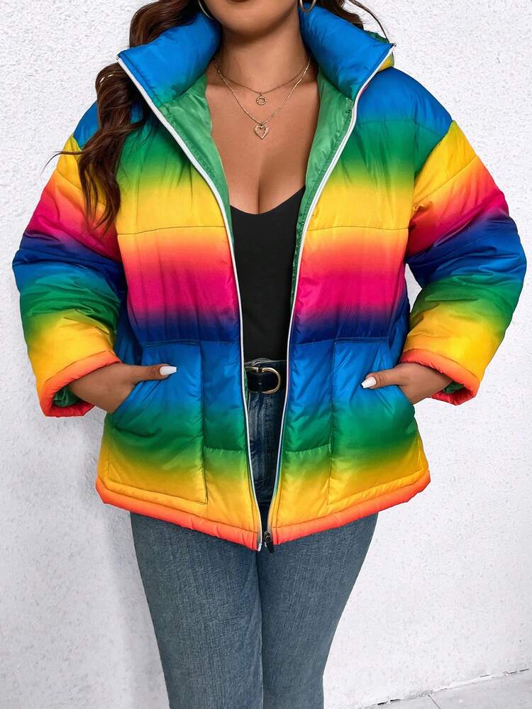 Celure Plus Ombre Drop Shoulder Zipper Hooded Padded Padded Coat Clothes Winter Thermal - Multicolor - View 5