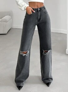 EURMUSE Ripped Wide Leg Jeans - Dark Grey - View 7