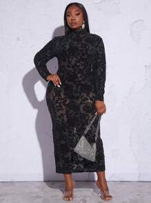 Slaydiva 優雅開衩純色加大洋裝 - 黑色 - 查看 4