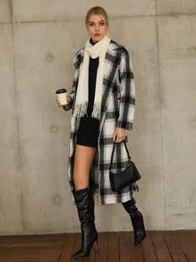 SHEIN Essnce Plaid Print Double Breasted Belted Overcoat - Multicolor - View 1