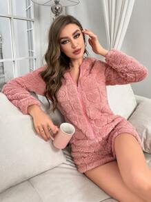 Hình trái tim Thiết kế tai 3D áo có mũ Flannel Romper - Hồng - Xem 5