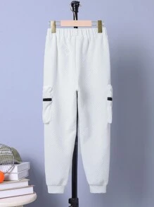 SHEIN Cậu bé Tween Túi khóa kéo Bên Eo đàn hồi Quần thể thao - trắng - Xem 2