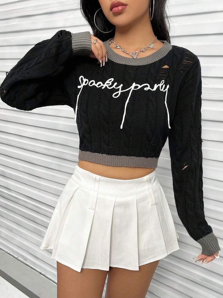 Letter Pattern Ripped Contrast Trim Cable Knit Crop Knit Pullover Fall Winter Sweater