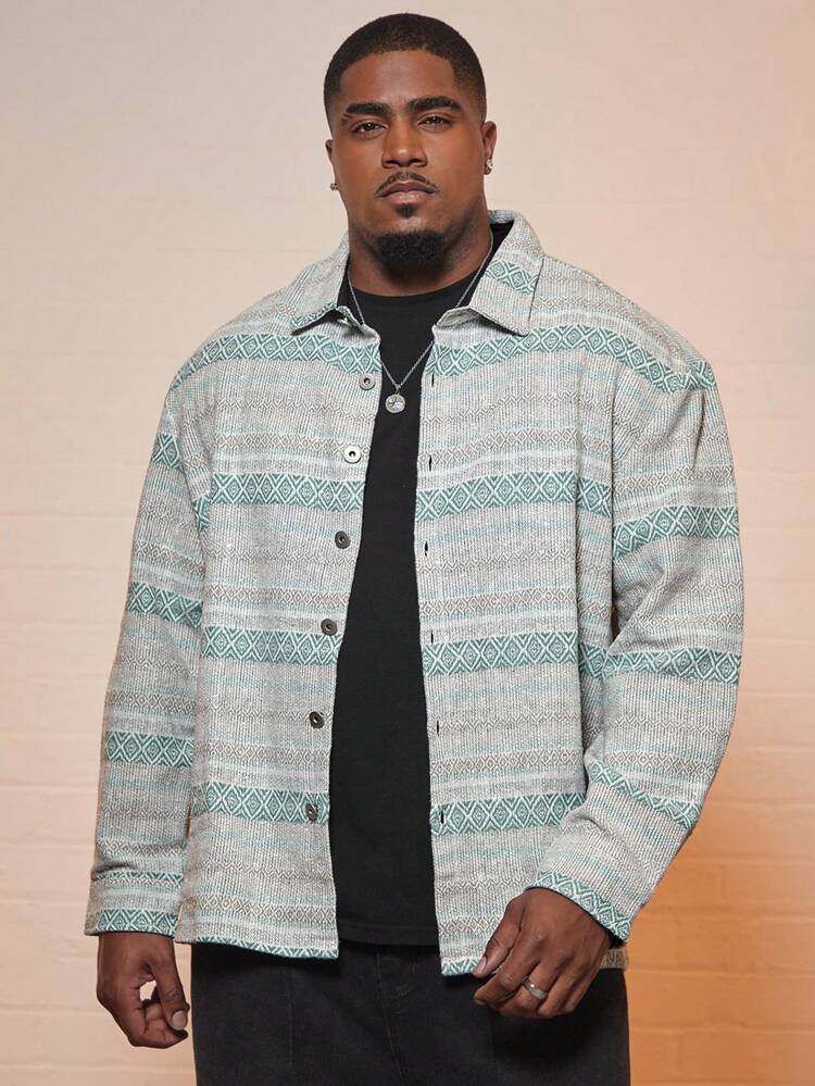 Men Plus Geo Print Button Front Shacket