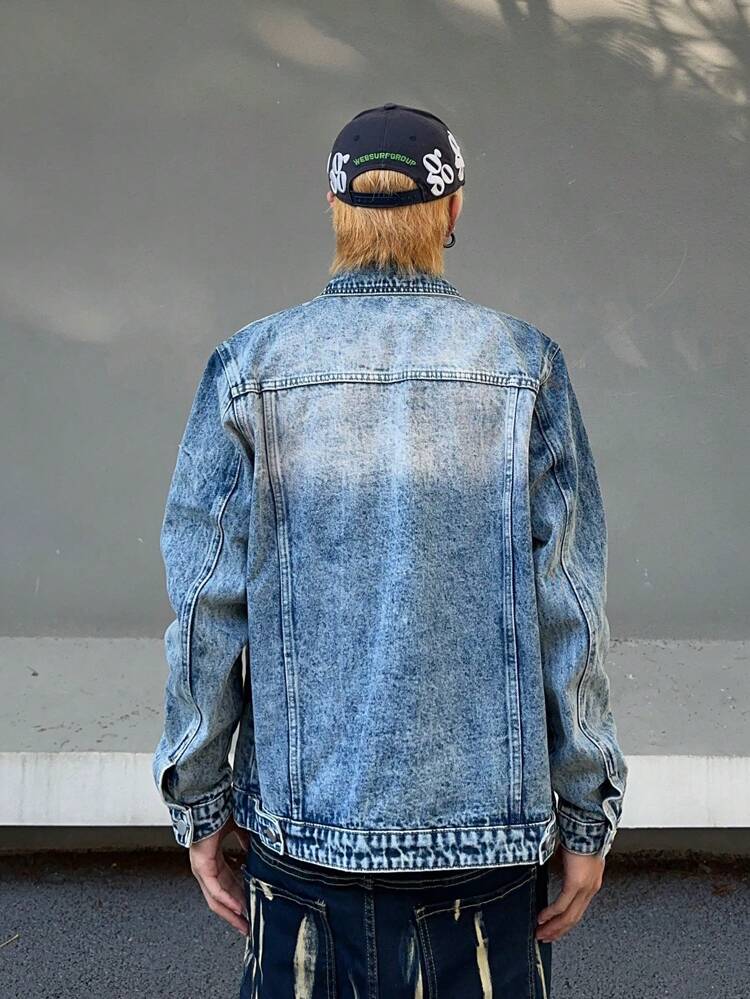 Men Letter Patched Detail Flap Pocket Denim Jacket