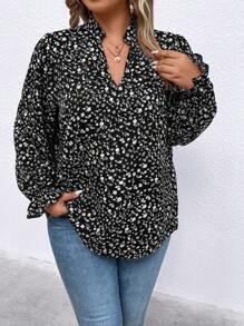 SHEIN Clasi Hơn In Toàn bộ tay áo lá sen Áo sơ mi - màu đen - Xem 3