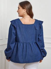 SHEIN LUNE 大碼方領荷葉邊荷葉邊下擺牛仔上衣 - 藍色 - 查看 2