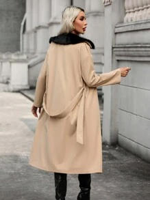 SHEIN Unity Borg Collar Double Breasted Belted Trench Coat - Khaki - View 2