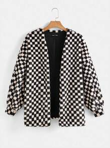 SHEIN EZwear Checkerboard Plaid Open Front Coat - Baby Pink - View 1