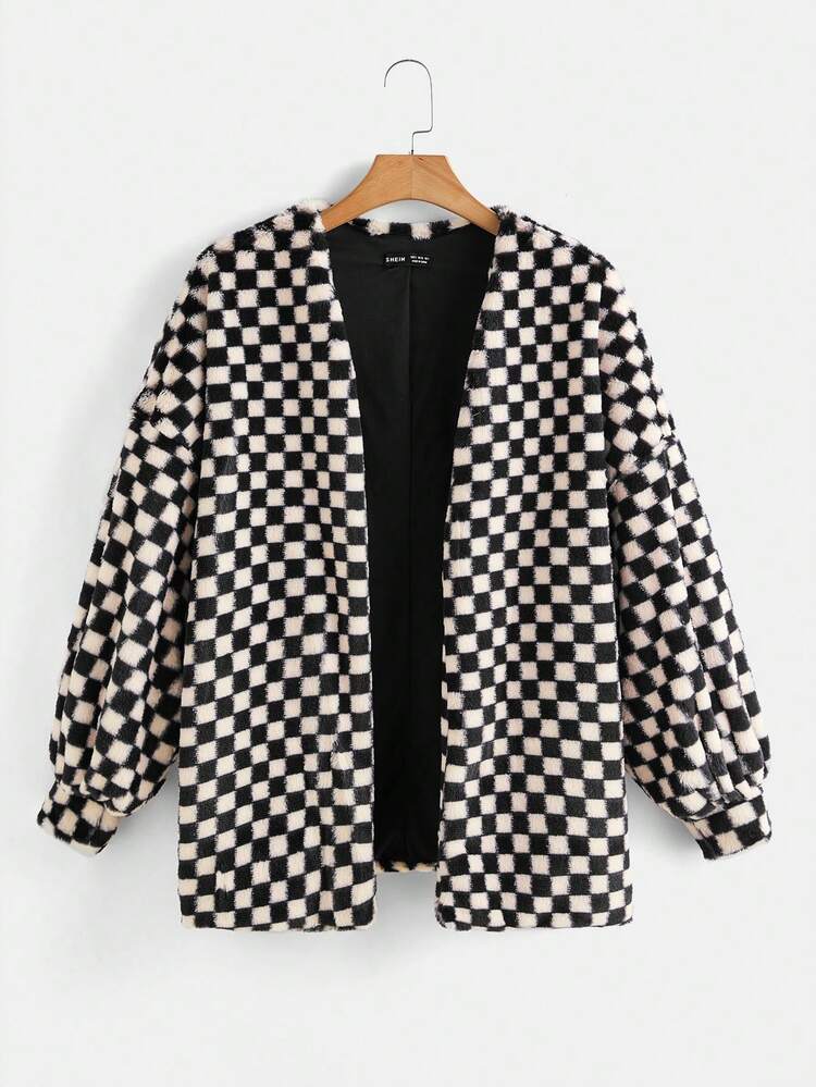 Checkerboard Plaid Open Front Coat