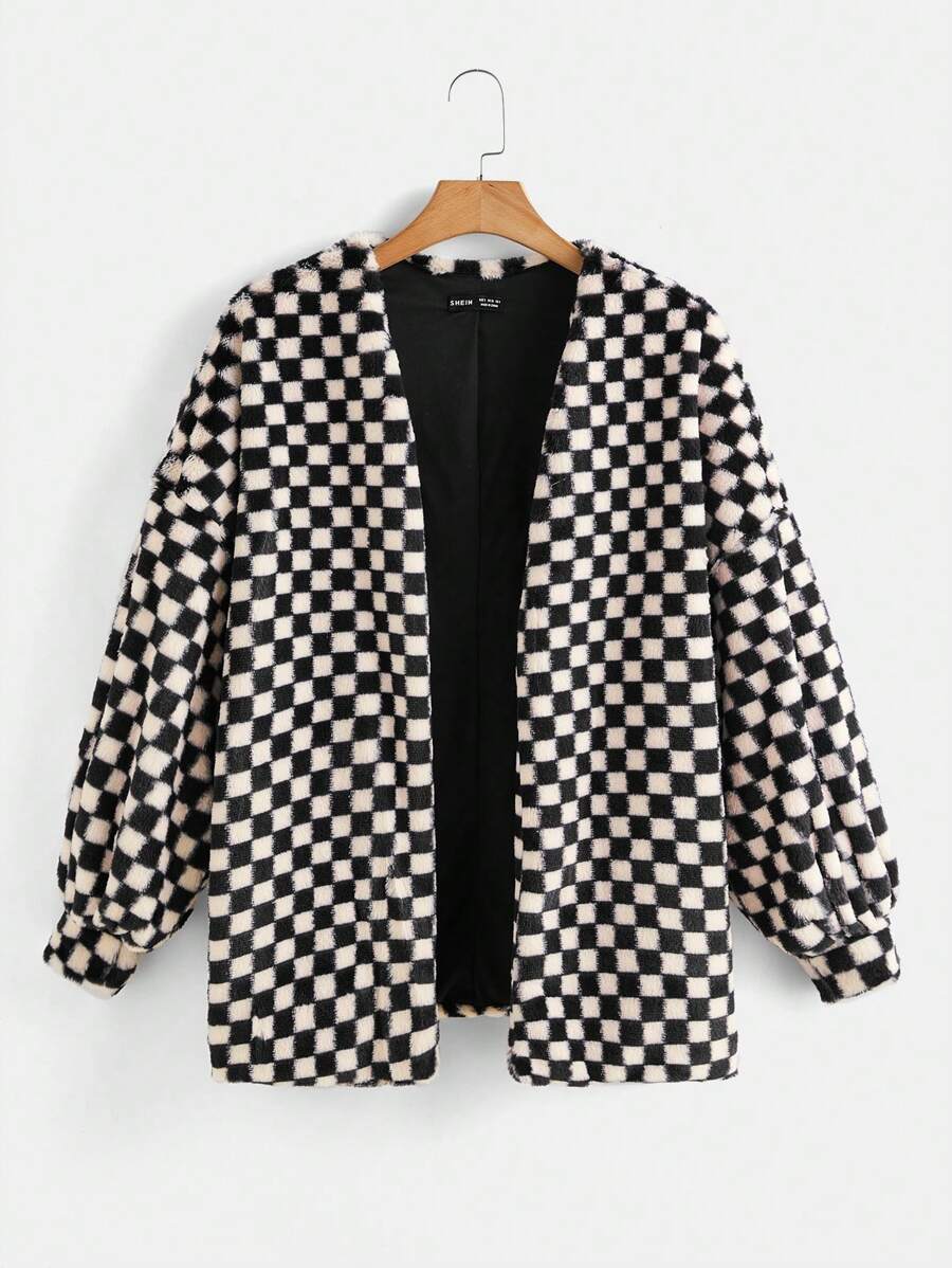 SHEIN EZwear Checkerboard Plaid Open Front Coat - Baby Pink - View 1