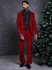 SHEIN 男士拼接青果領亮片西裝外套和褲子套裝 - 紅色 - 查看 3