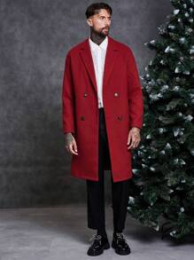 Manfinity VCAY 宽松男式双排扣长袖大衣 - 酒紅色 - 查看 3
