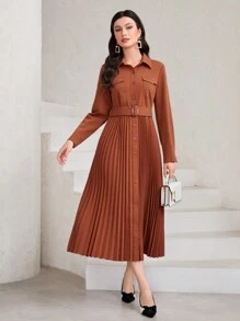 Modelyn 翻蓋細節百褶下擺腰帶襯衫洋裝 - 棕色 - 查看 1