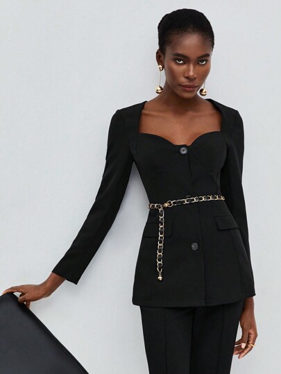 Maija Sweetheart Neck Button Front Flap Detail Coat Without Belt