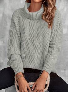SHEIN LUNE Turtleneck Drop Shoulder Pointelle Knit Sweater - Grey - View 6