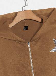 SHEIN EZwear Capucha con diamante de imitación con patrón de estrella de hombros caídos cremallera - Marrón - Ver 4