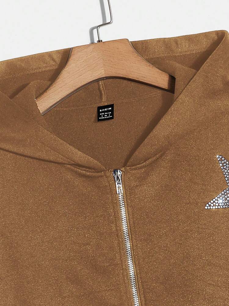 Rhinestone Star Pattern Drop Shoulder Zipper Hoodie
