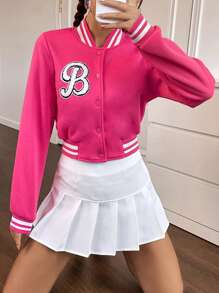 SHEIN Unity Letter Graphic Striped Trim Crop Varsity Jacket Fall Winter Cloth For Women - Hot Pink - View 3