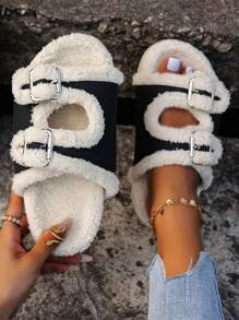 女士毛絨家居拖鞋臥室拖鞋 - 米色 - 查看 3