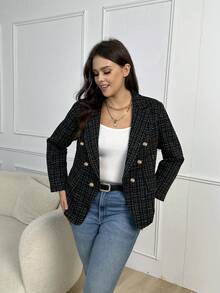 SHEIN LUNE 大尺碼女裝格紋雙排扣西裝外套 - 黑色 - 查看 3