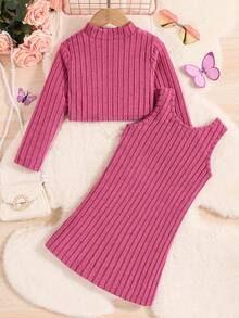 SHEIN 年輕女孩字母拼貼細節小高領高低下擺 T 恤和背心連身裙 - 玫紅色 - 查看 2