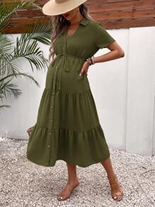 SHEIN 孕婦前紐扣荷葉邊繫腰帶洋裝 - 軍綠色 - 查看 5