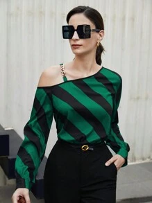 BizChic 条纹印花不对称颈部链条细节衬衫长袖图案衬衫 - 彩色 - 查看 1