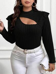SHEIN Franclia Plus Cut Out Ruffle Trim Tee - Black - View 3