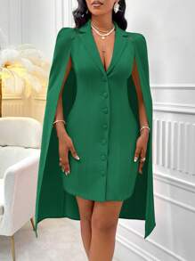 SHEIN Lady Lapel Neck Cloak Sleeve Button Front Dress - Green - View 3
