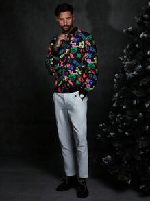 Manfinity VCAY Loose Fit Men's Reflective Letter & Christmas Print Zip Up Bomber Jacket - Black - View 6