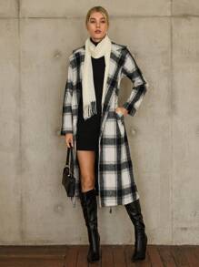 SHEIN Essnce Plaid Print Double Breasted Belted Overcoat - Multicolor - View 6