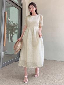 DAZY 素色泡泡袖蕾絲覆蓋連衣裙 - 米色 - 查看 3