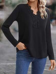 SHEIN LUNE Guipure Lace Trim Ribbed Knit Tee - Black - View 4