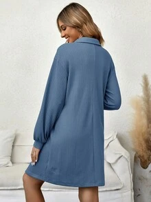 SHEIN 孕婦素色落肩袖哺乳洋裝 - 藍色 - 查看 2