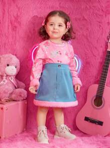 Baby Girl Floral Print Tee & Contrast Fuzzy Trim Skirt - Multicolor - View 5