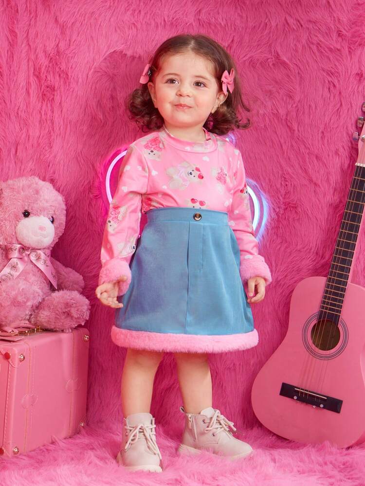 Baby Girl Floral Print Tee & Contrast Fuzzy Trim Skirt